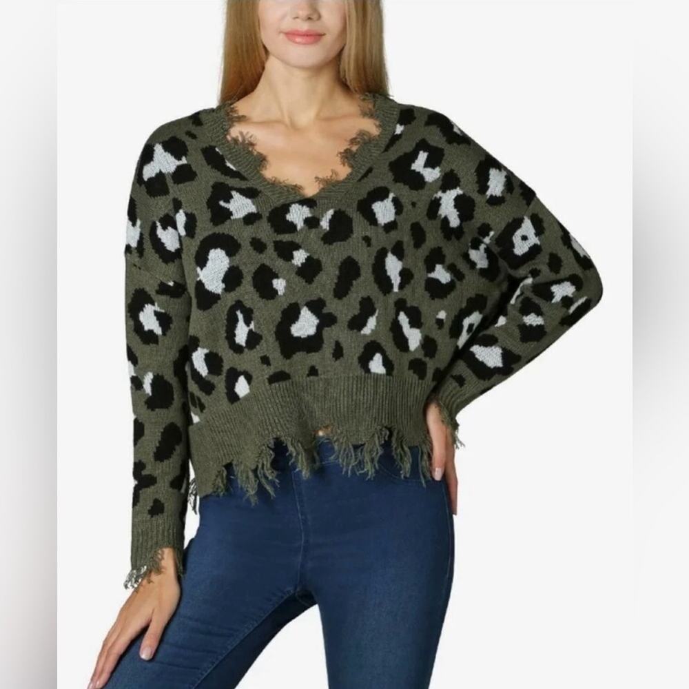 UEC Polly & Esther Olive Leopard V-Neck Sweater XL